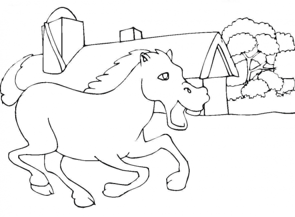 Horse Near the Stable coloring page image