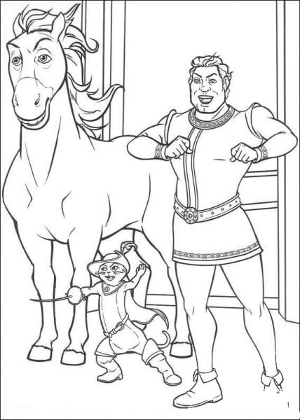 Horse, Shrek and Puss in the royal palace coloring page image