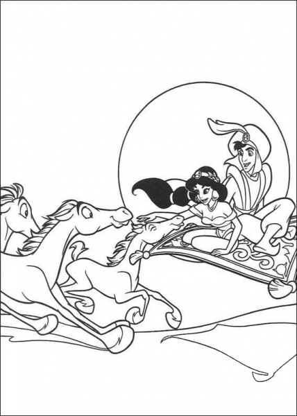 Horses run after Aladdin and Jasmine coloring page image