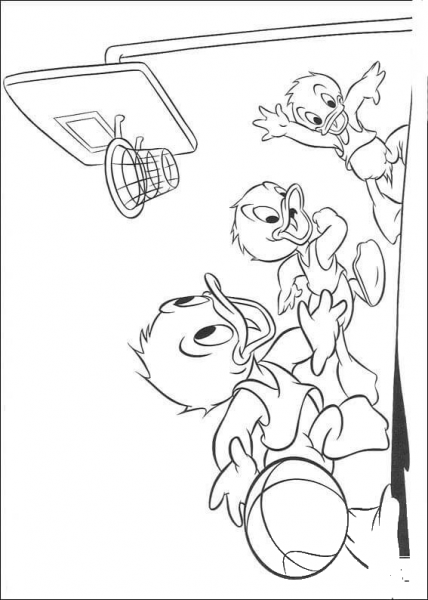 Huey, Dewey and Louie are Playing Basketball  coloring page image