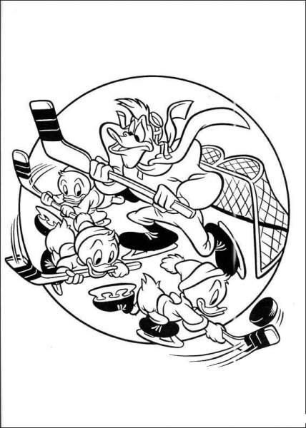 Huey, Dewey and Louie are Playing Hockey with Launchpad McQuack coloring page image