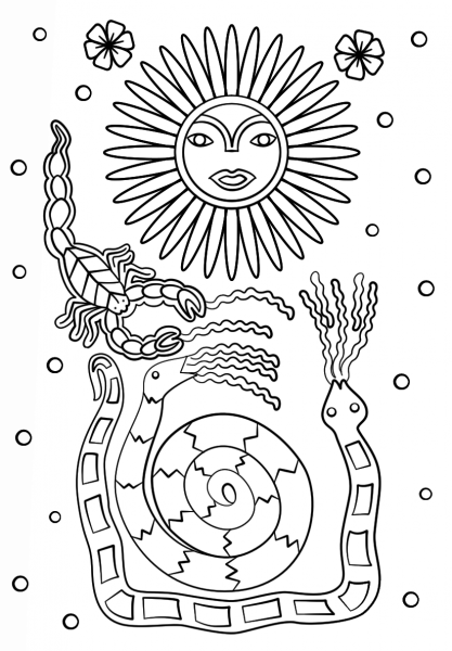 Huichol Art – Sun Scorpion and Snakes coloring page image