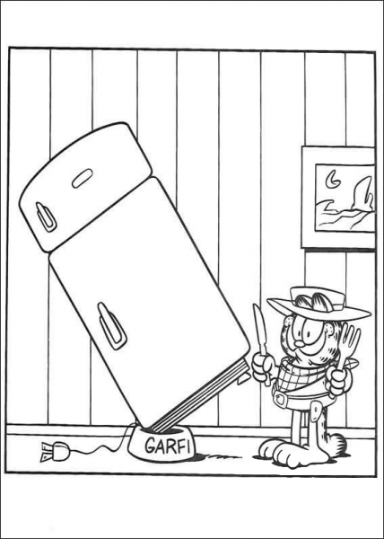 Hungry Garfield: “What is in the fridge?” coloring page image