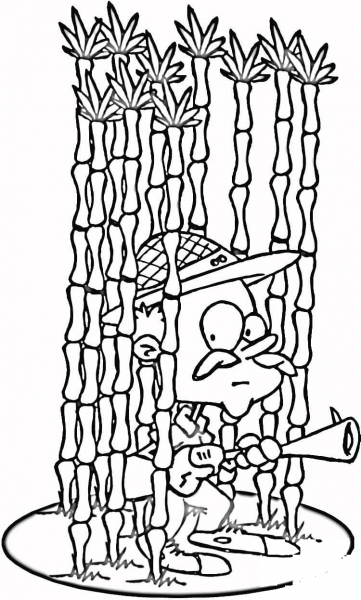 Hunter is hiding in a bamboo forest  coloring page image