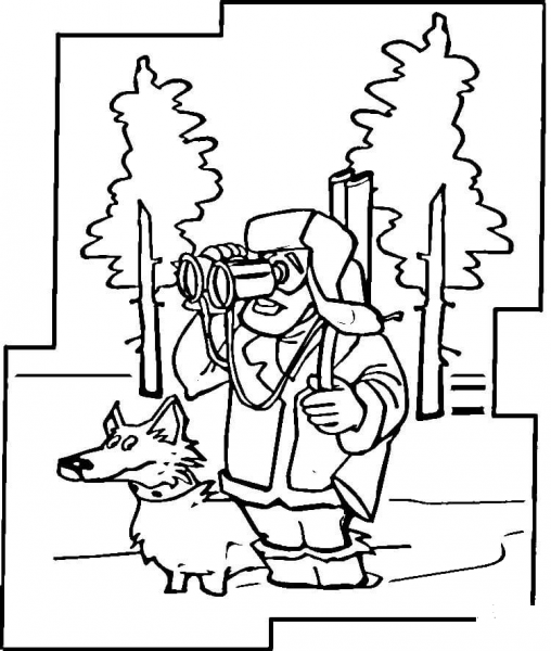 Hunter with Dog in the Winter  coloring page image