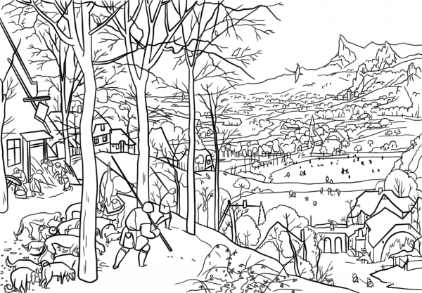 Hunters in the Snow by Pieter Bruegel the Elder coloring page image
