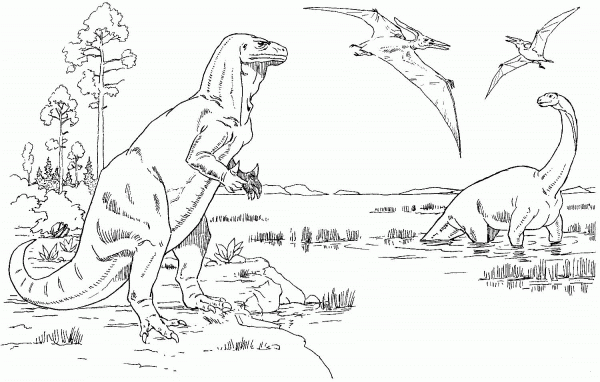 Iguanodon, Cetiosaurus and Pteranodons coloring page image