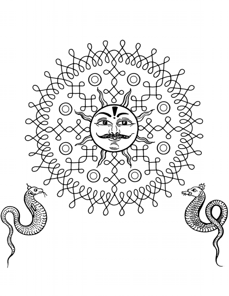 Indian Design with Sun and Snakes coloring page image
