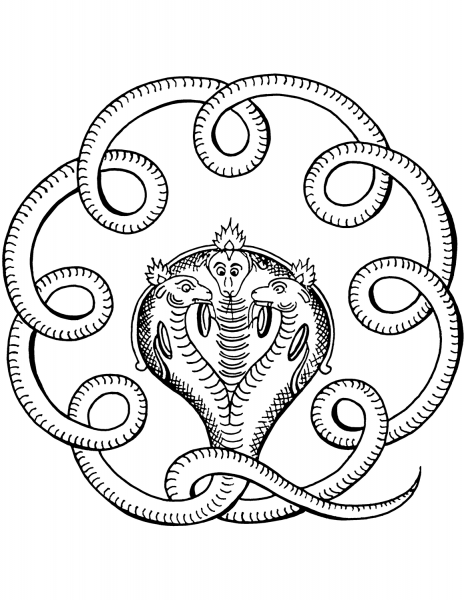 Indian Design with Three-headed Cobra coloring page image