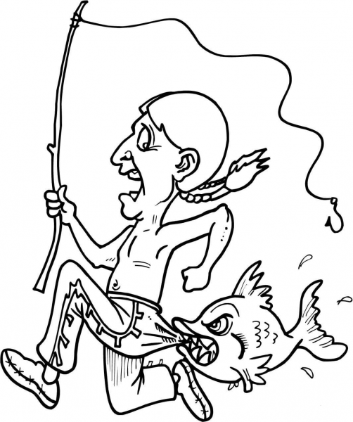 Indian Getting Bit by a Fish coloring page image