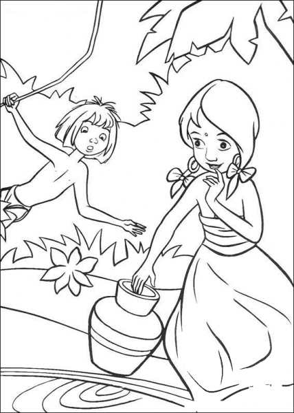 Indian Girl And Mowgli  coloring page image