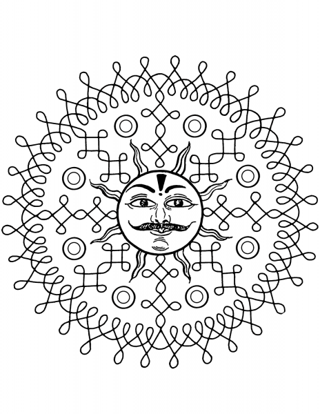 Indian Pattern with Sun coloring page image