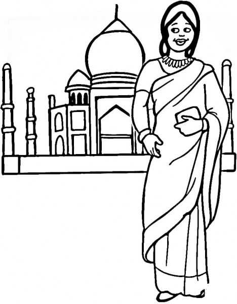 Indian woman and Taj Mahal  coloring page image