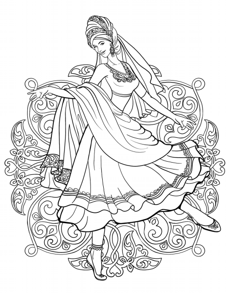 Indian Woman Dancing in a Traditional Dress coloring page image