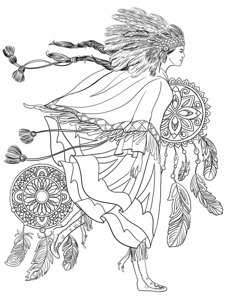 Indigenous Woman in a Traditional Costume coloring page image