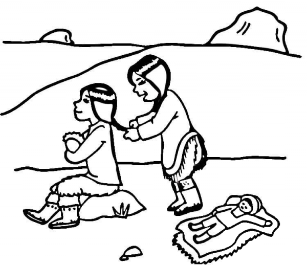 Inuit girls  coloring page image