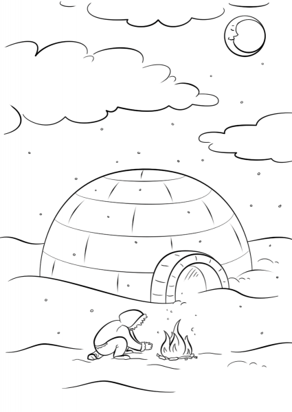 Inuit Sitting by a Bonfire in Front of Igloo coloring page image