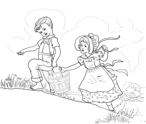 Jack and Jill nursery rhyme coloring page image