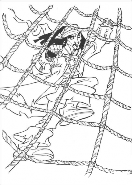 Jack is climbing up the ship mast nets coloring page image