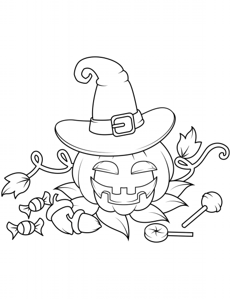 Jack O’Lantern in a Witch Hat with Candies coloring page image