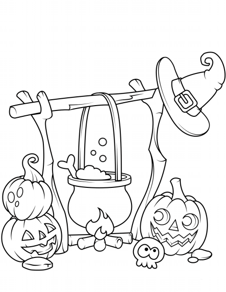 Jack O’Lanterns and a Boiling Cauldron coloring page image