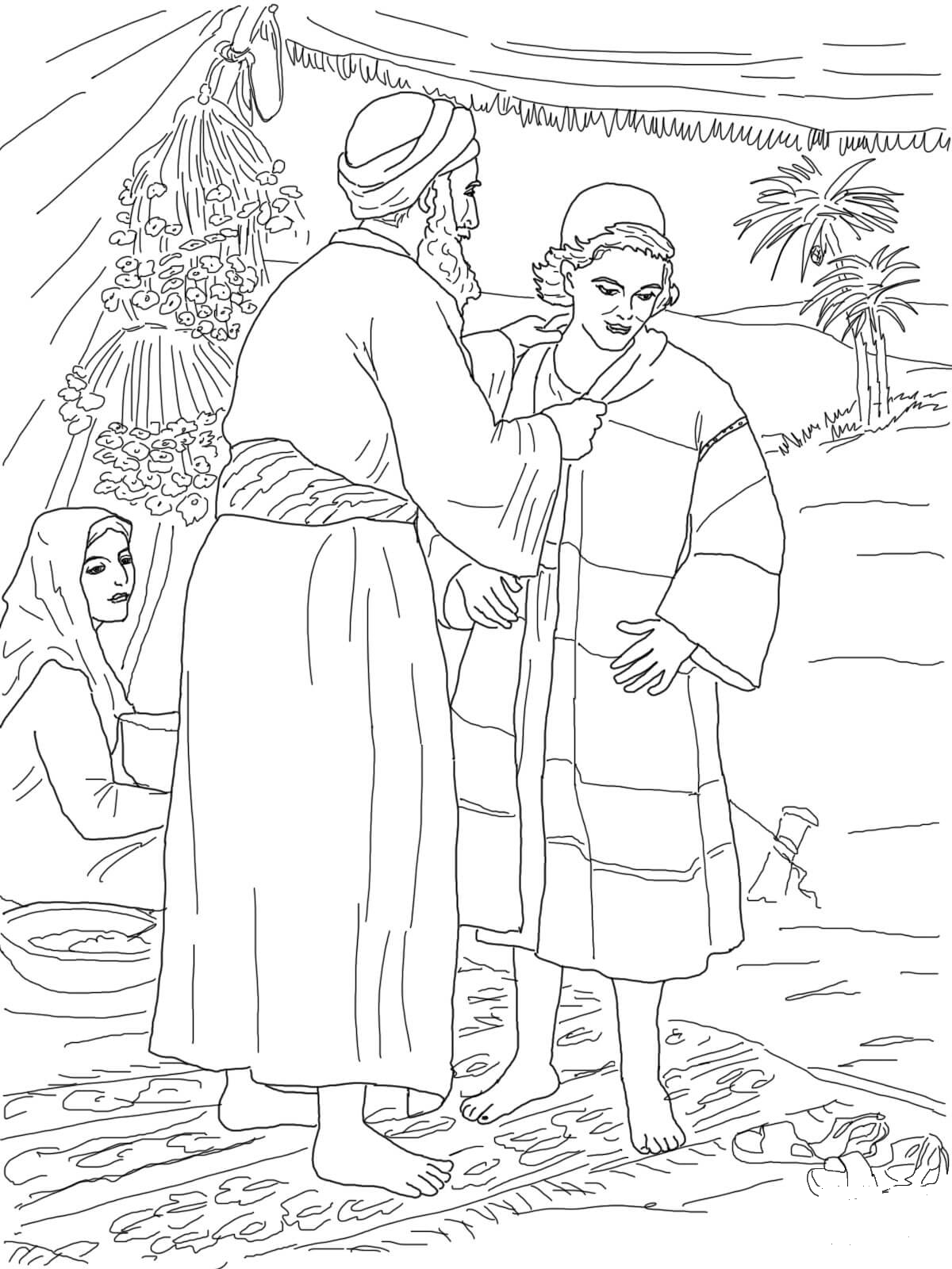 Jacob Giving Joseph the Coat of Many Colors coloring page - ColouringPages