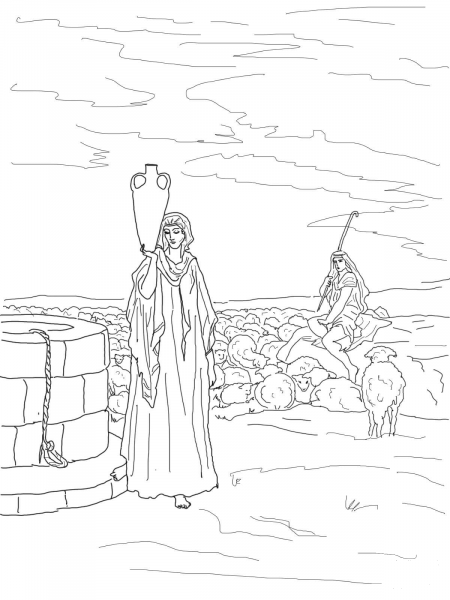 Jacob Meets Rachel at Well coloring page image