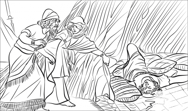 Jael Shows to Barak, Sisera Lying Dead coloring page image