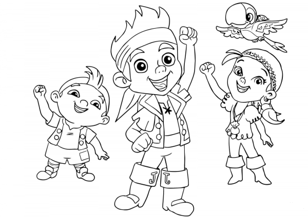 Jake, Izzy, Cubby, and Skully are Cheering Together coloring page image