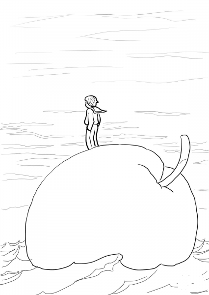 James and the Giant Peach Floating in the Ocean coloring page image