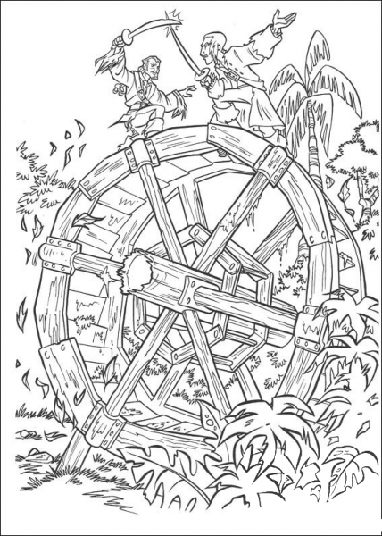 James Norrington and Will Turner are fighting on the wheel coloring page image
