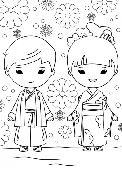 Japanese Boy and Girl coloring page image