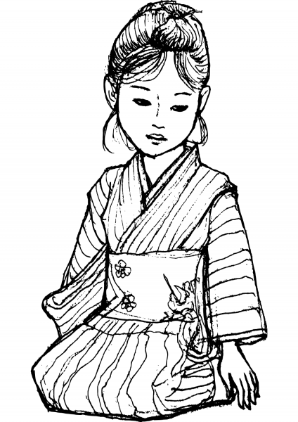 Japanese Girl in Kimono coloring page image