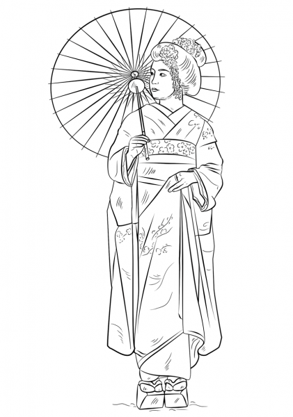 Japanese girl in traditional dress coloring page image