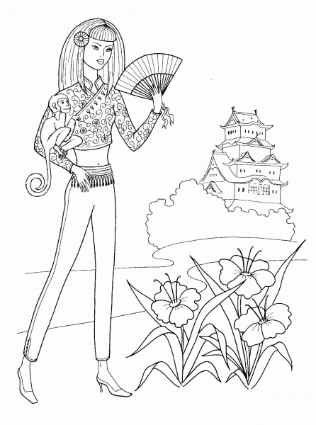 Japanese Girl with Fan  coloring page image