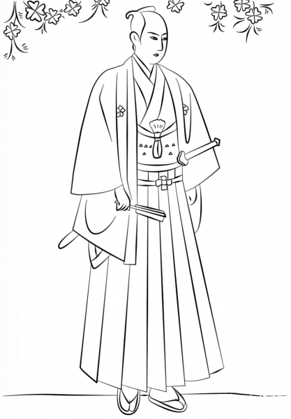 Japanese Samurai in Hakama coloring page image