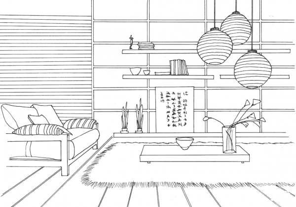 Japanese Style Room coloring page image