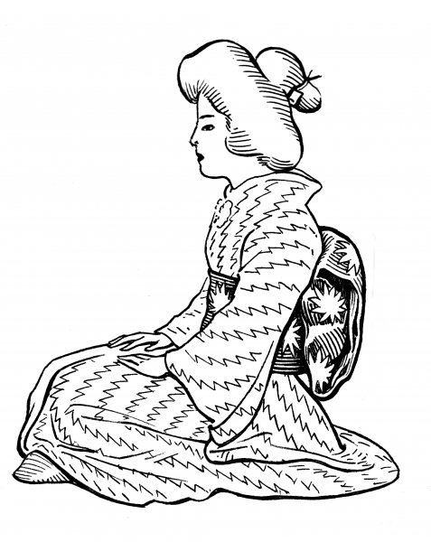 Japanese Woman Wearing Kimono with Obi Sash coloring page image