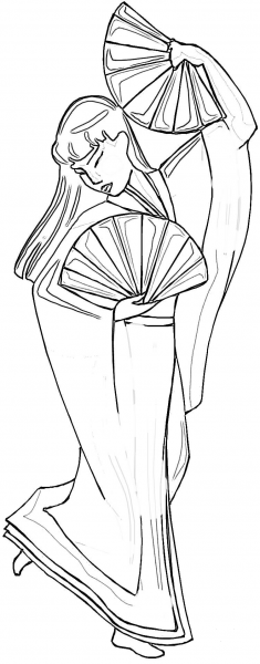 Japanese Woman With Fans  coloring page image