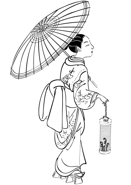 Japanese Woman with Umbrella and Lantern coloring page image