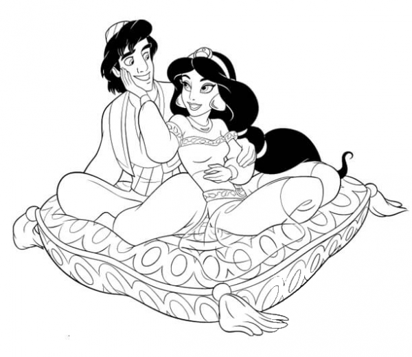Jasmine and Aladdin on a pillow  coloring page image