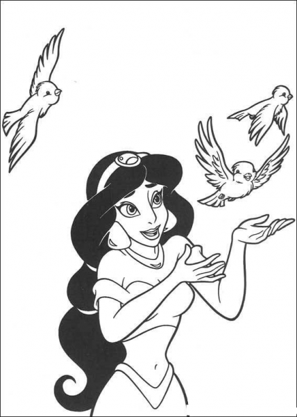 Jasmine And Three Birds  coloring page image