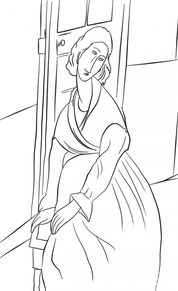 Jeanne Hebuterne in Front of a Door by Amedeo Modigliani coloring page image
