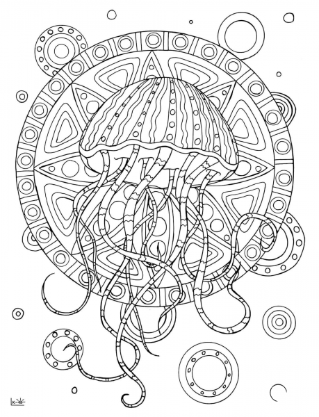 Jellyfish with Tribal Pattern coloring page image