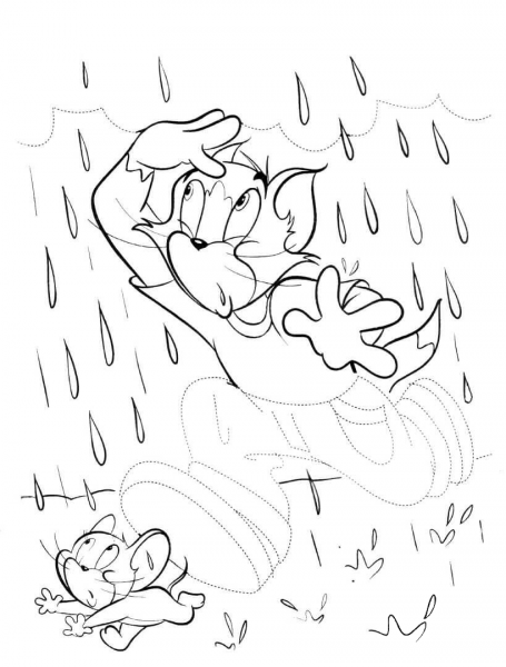 Jerry Running Under The Rain  coloring page image