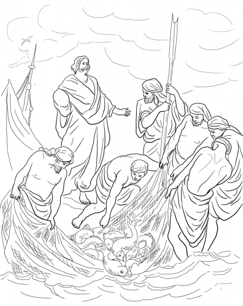 Jesus and the Miraculous Catch of Fish  coloring page image