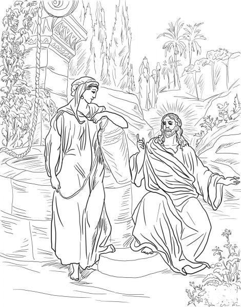 Jesus and the Samaritan Woman at the Well coloring page image