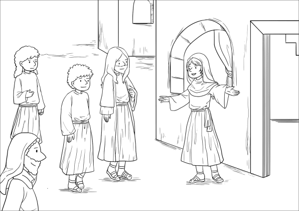 Jesus at the Home of Martha and Mary (Luke 10:38-42) coloring page image