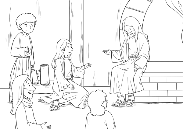 Jesus at the Home of Martha and Mary (Luke 10:38-42) coloring page image