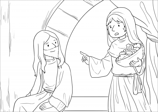Jesus at the Home of Martha and Mary (Luke 10:38-42) coloring page image